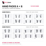 Hand Packs A + B Bundle: all 32 static hands, with eight left-and-right pairs in each pack. Wrist and arm pieces shown for context are not included.